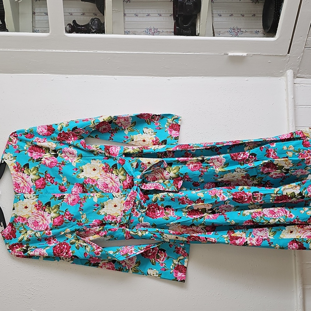 Long sleeve bright floral cotton blend dress